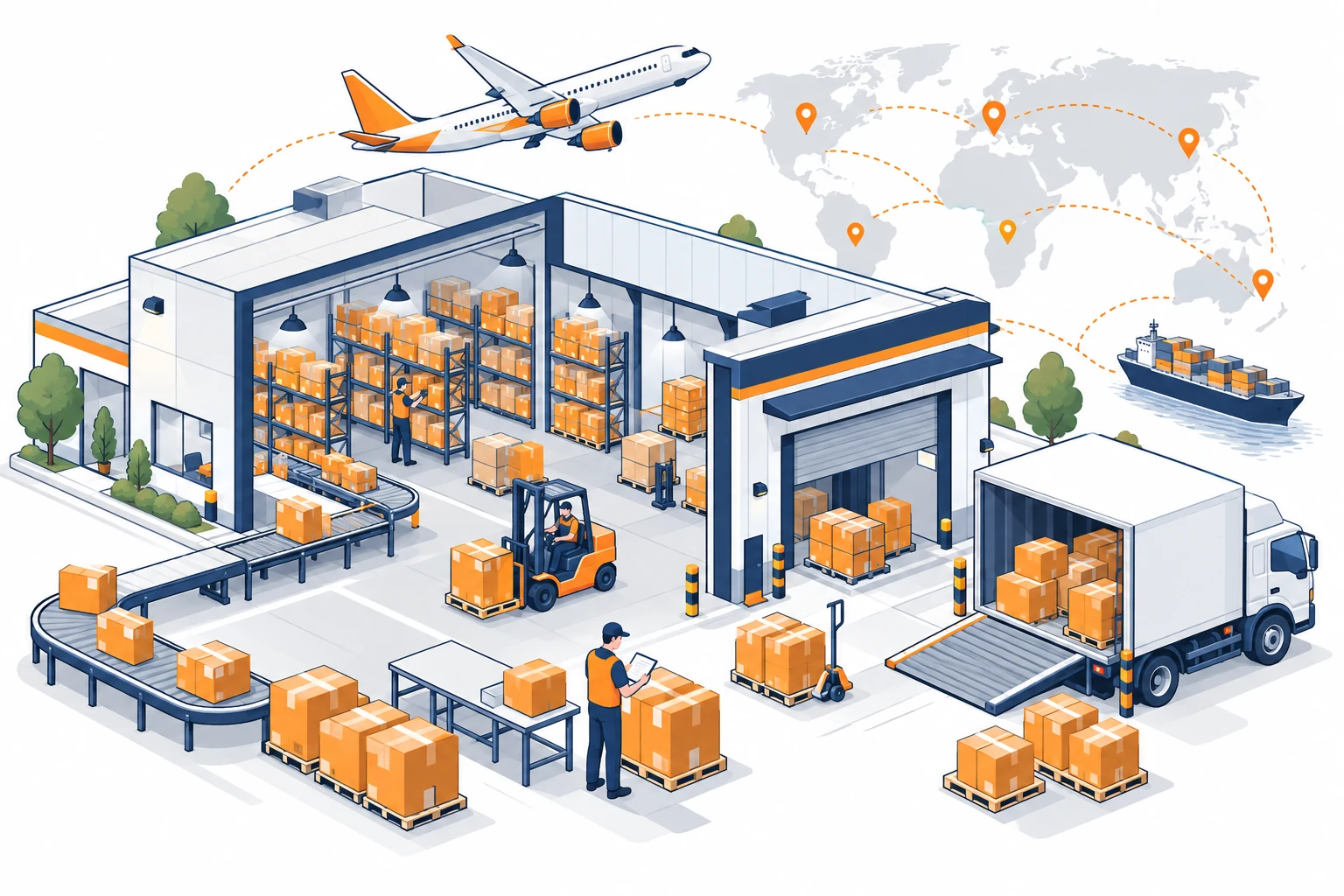Illustrated fulfillment warehouse with worldwide parcel shipping routes